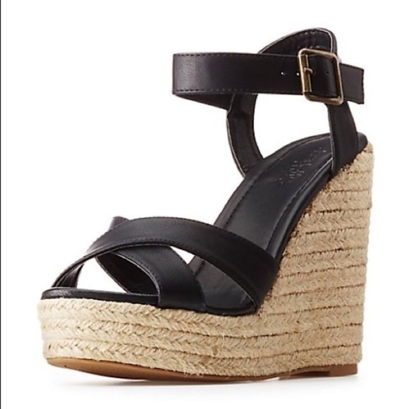 Chic Strappy Black Wedge Espadrilles Sandal Heels - Picture 2 of 7